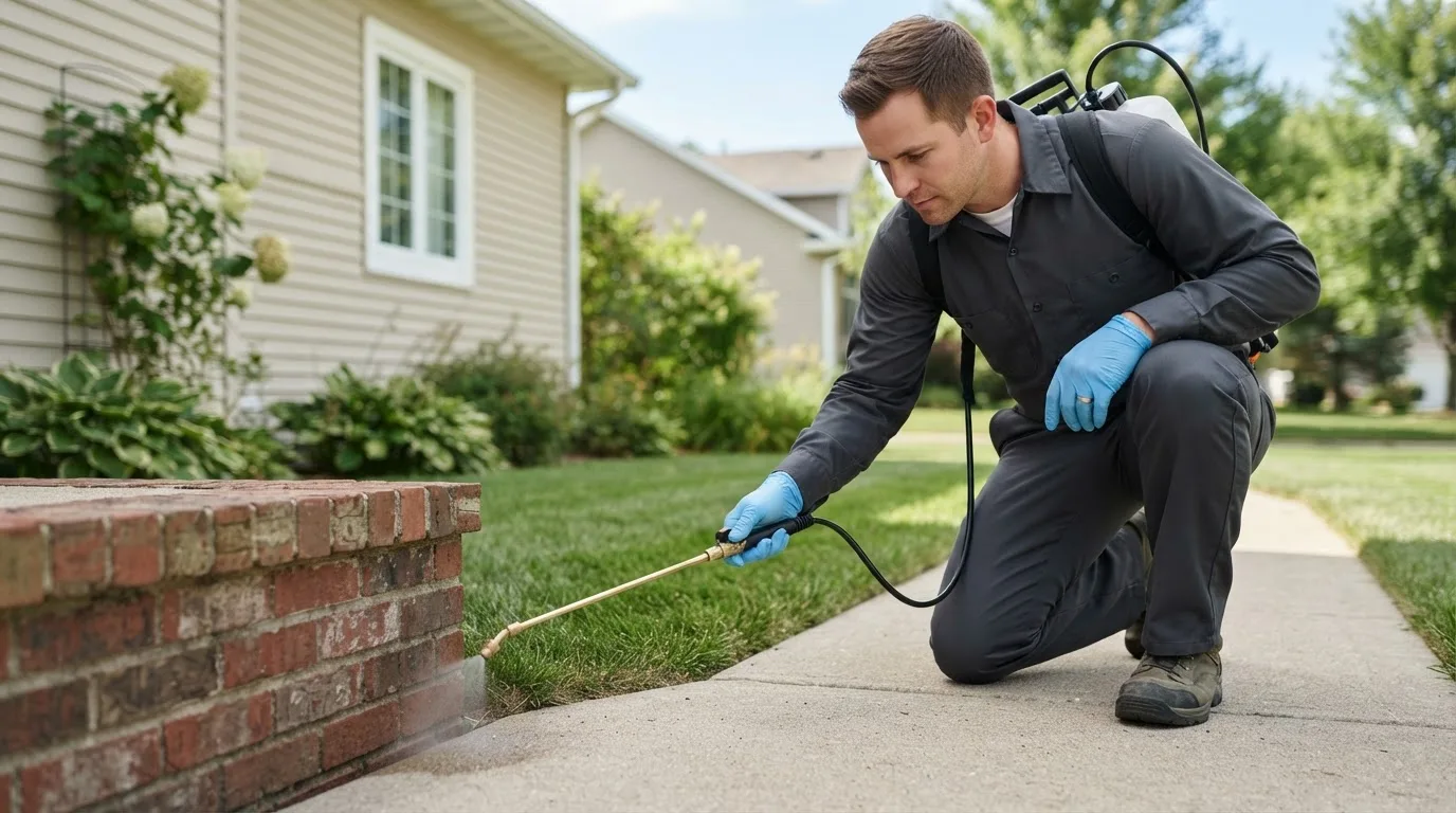 Pest control technician treating a home near Brownsboro, TX