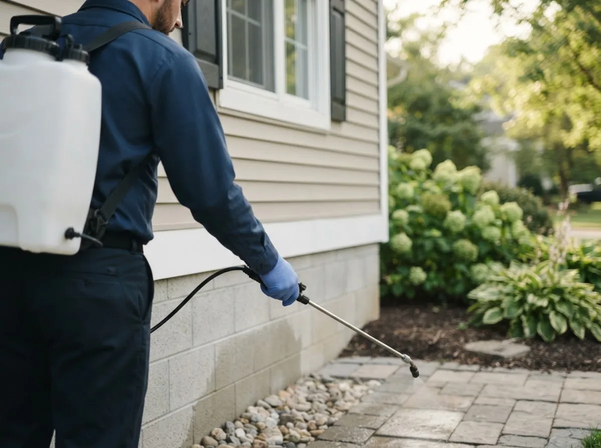 Pest control technician inspecting a home in Brownsboro, TX